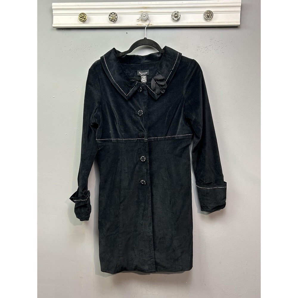 Persaman New York Coat Womens‎ Small Black Velour Beaded Bow Button Front